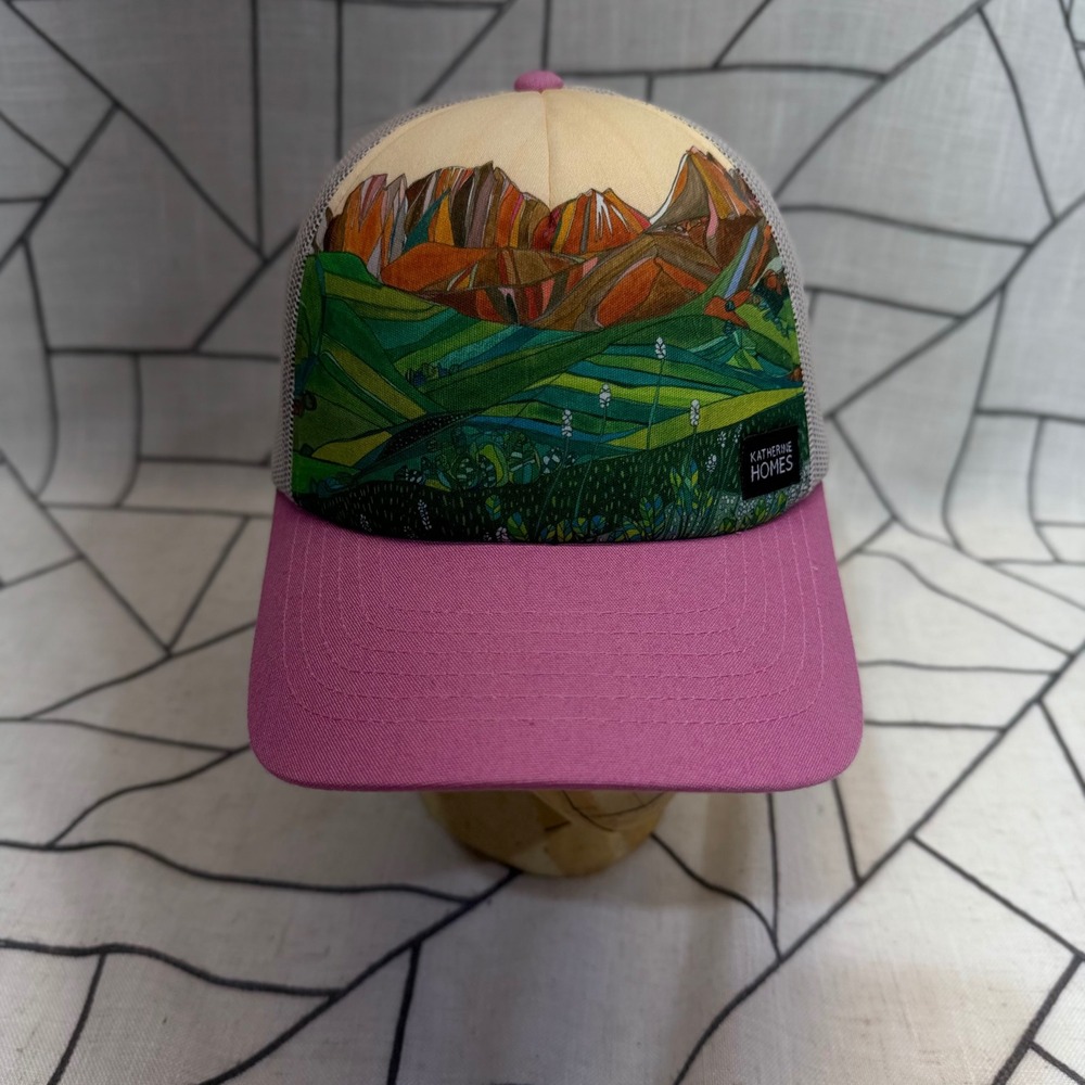 Katherine Homes Trucker Hat OS Pink Mountain Art Snapback Mesh Cap
